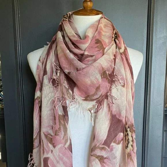 New Authentic Chan Luu Peony Floral Print Cashmere Silk Scarf Color: Tawny Port - Picture 1 of 7